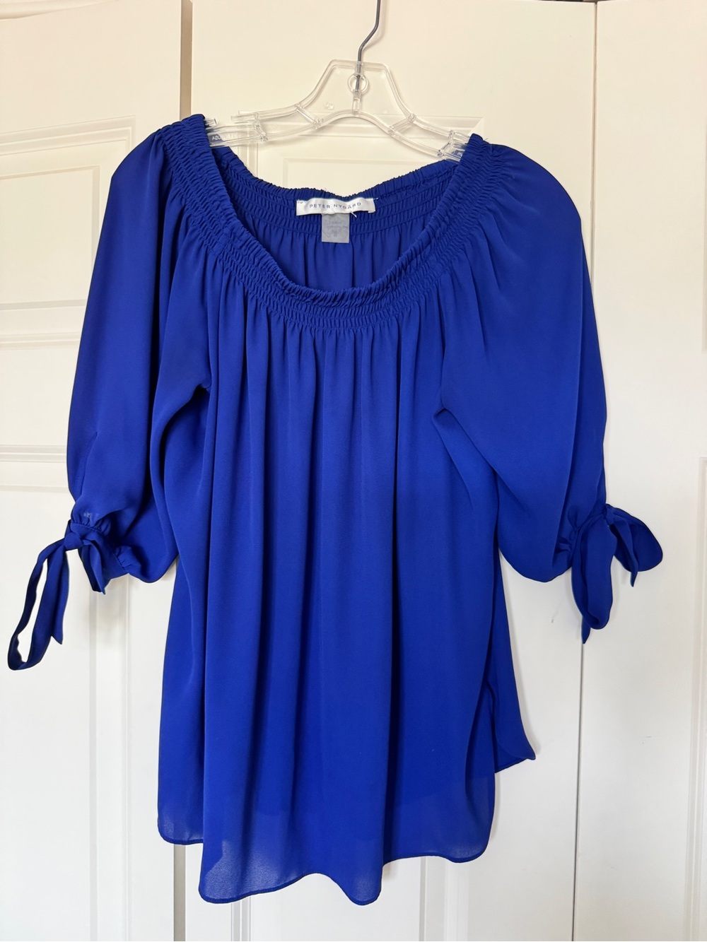 Peter Nygard Women’s Royal Blue Peasant Blouse with Tie Sleeves Size 8